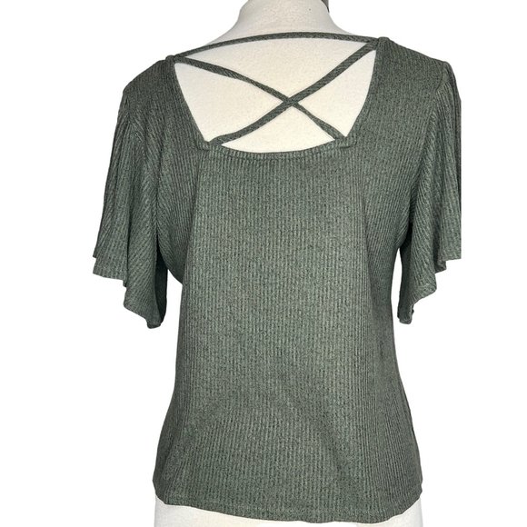 MAUNCES Women's Sweater Size Medium Pull Over Short Sleeve Green Knit Open Back - Picture 5 of 14
